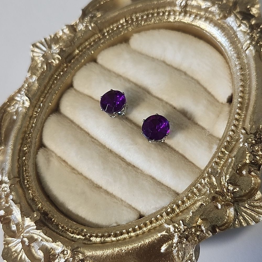 Purple And Silver Tone Stud Earrings